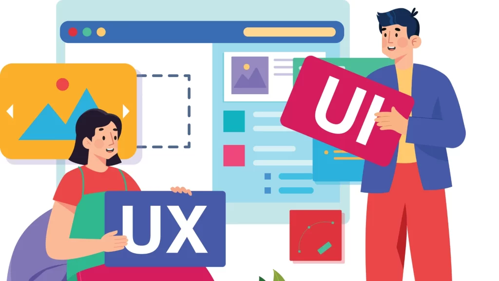 Illustration of two people conducting a blog content audit for image SEO